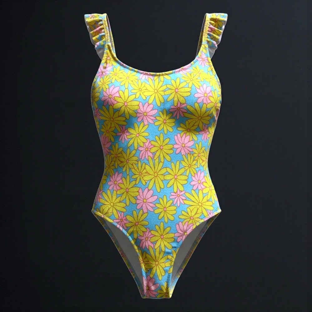 Floral Daisy Ruffle One Piece Swimsuit Blue Yellow Pink Retro L